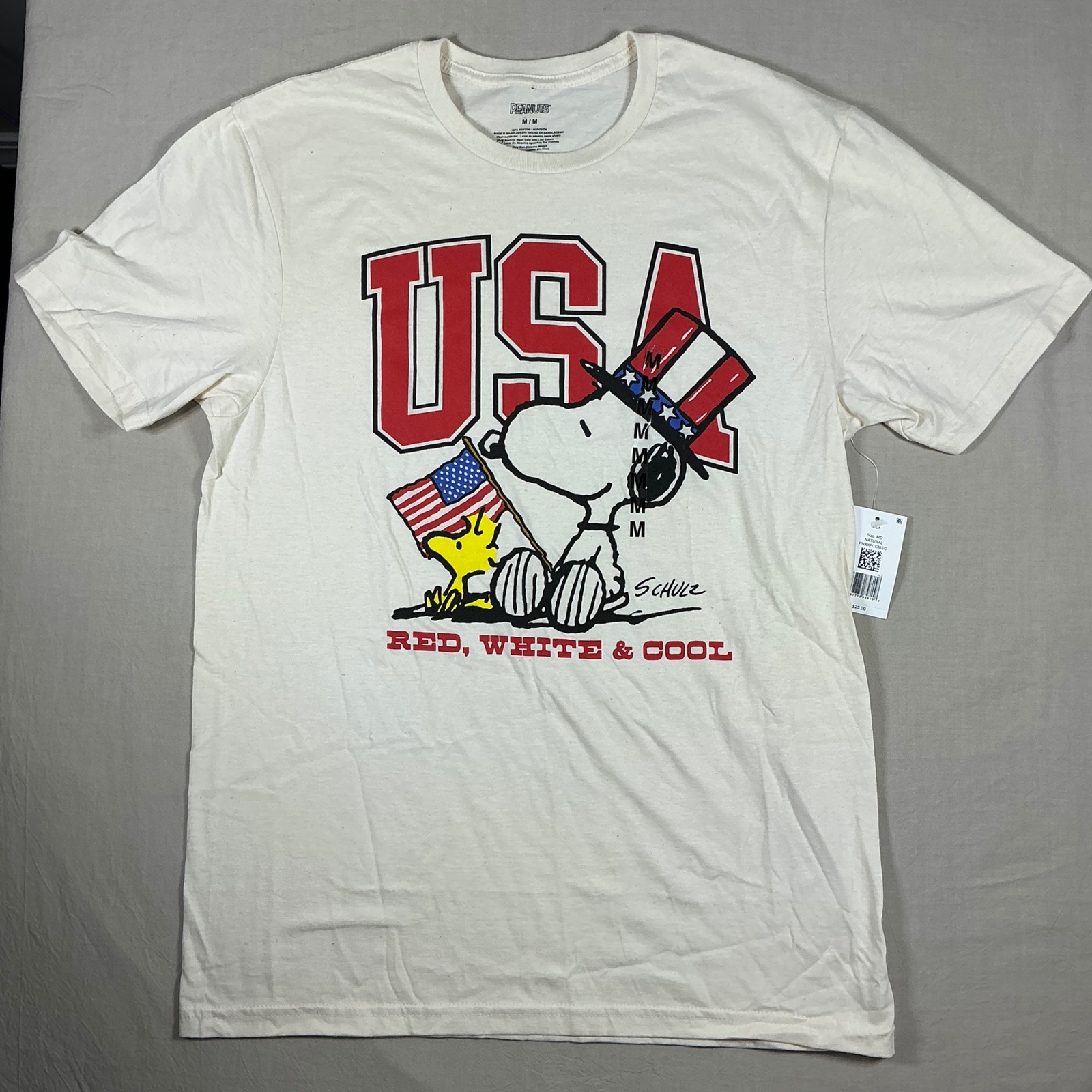 Snoopy Usa Graphic T-Shirt Medium Red White & Cool Natural Cream Nwt